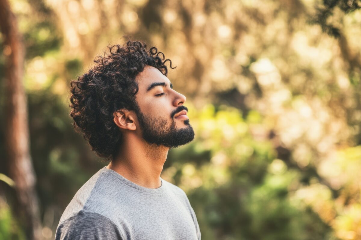 Mann mit geschlossenen Augen im Wald | Escort Service Köln
