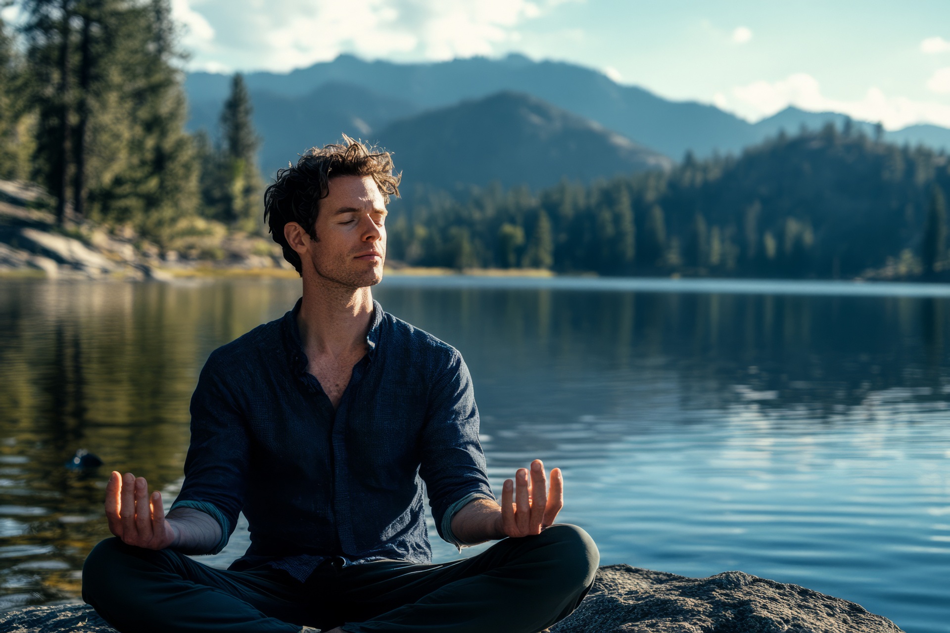 Mann meditiert im Schneidersitz am See | Escort Service Köln